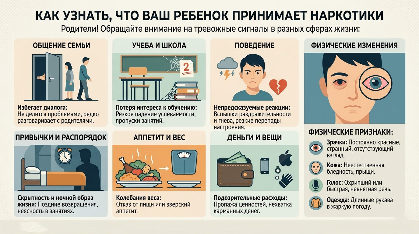 Инфографика признаков наркозависимости для родителей в рамках реабилитации несовершеннолетних подростков: поведение, учёба, внешний вид.